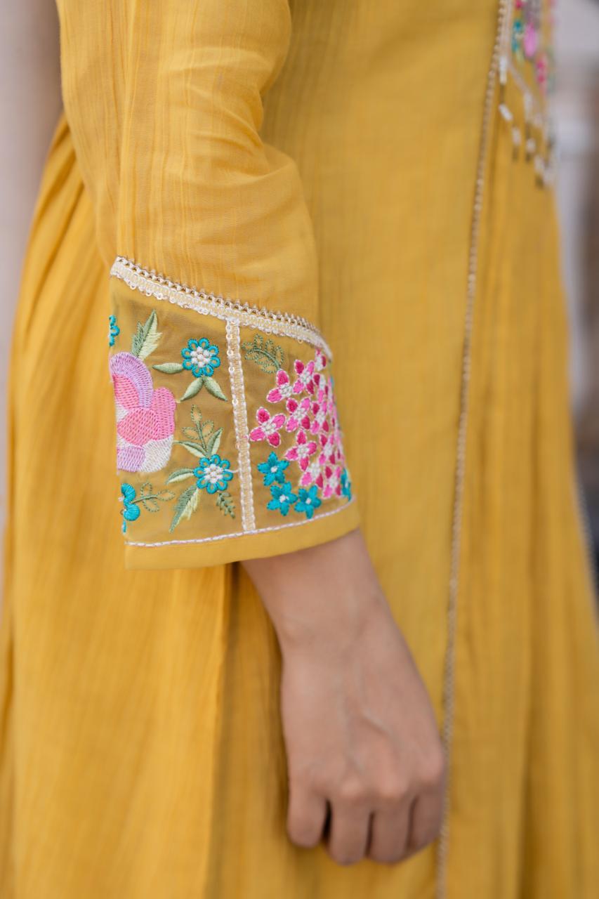 Crush crape with heavy hand work and Kalamkari dupatta in yellow