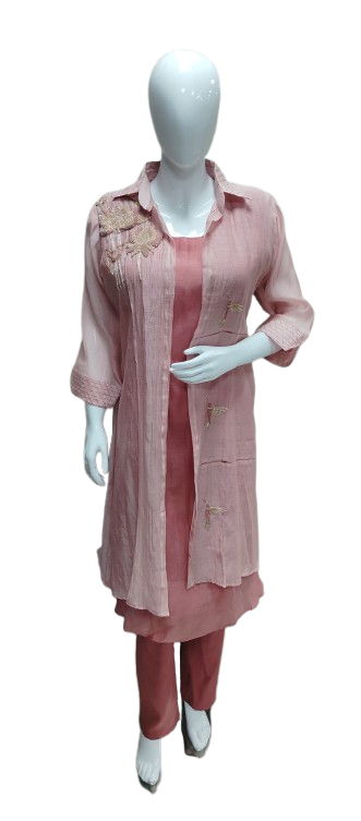 Pure Banarasi Mul chanderi hand work co ord set in pink