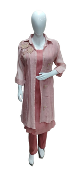Pure Banarasi Mul chanderi hand work co ord set in pink