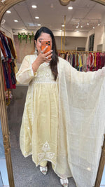 Pure Banarasi mint green Mul chanderi with chikankari full suit set. Beautiful designer back