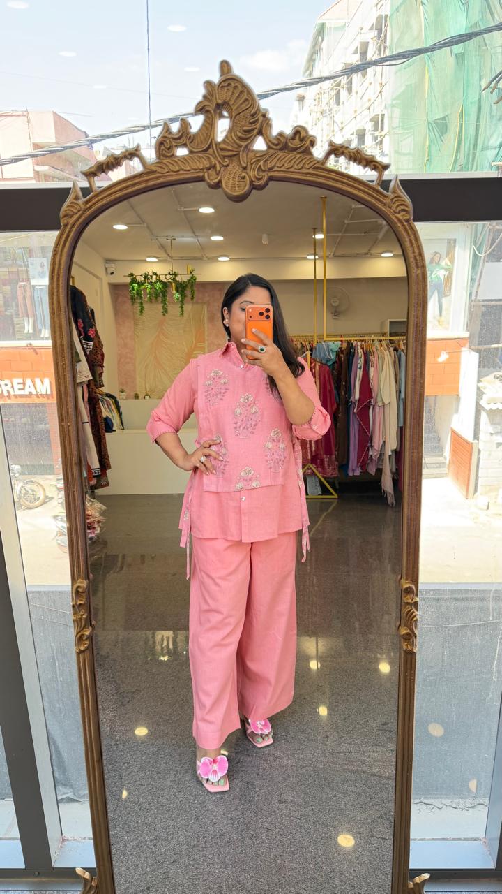 Pure cotton jute detachable jacket smart pink co ord set