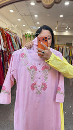 Premium cotton embroidered full suit set in pink