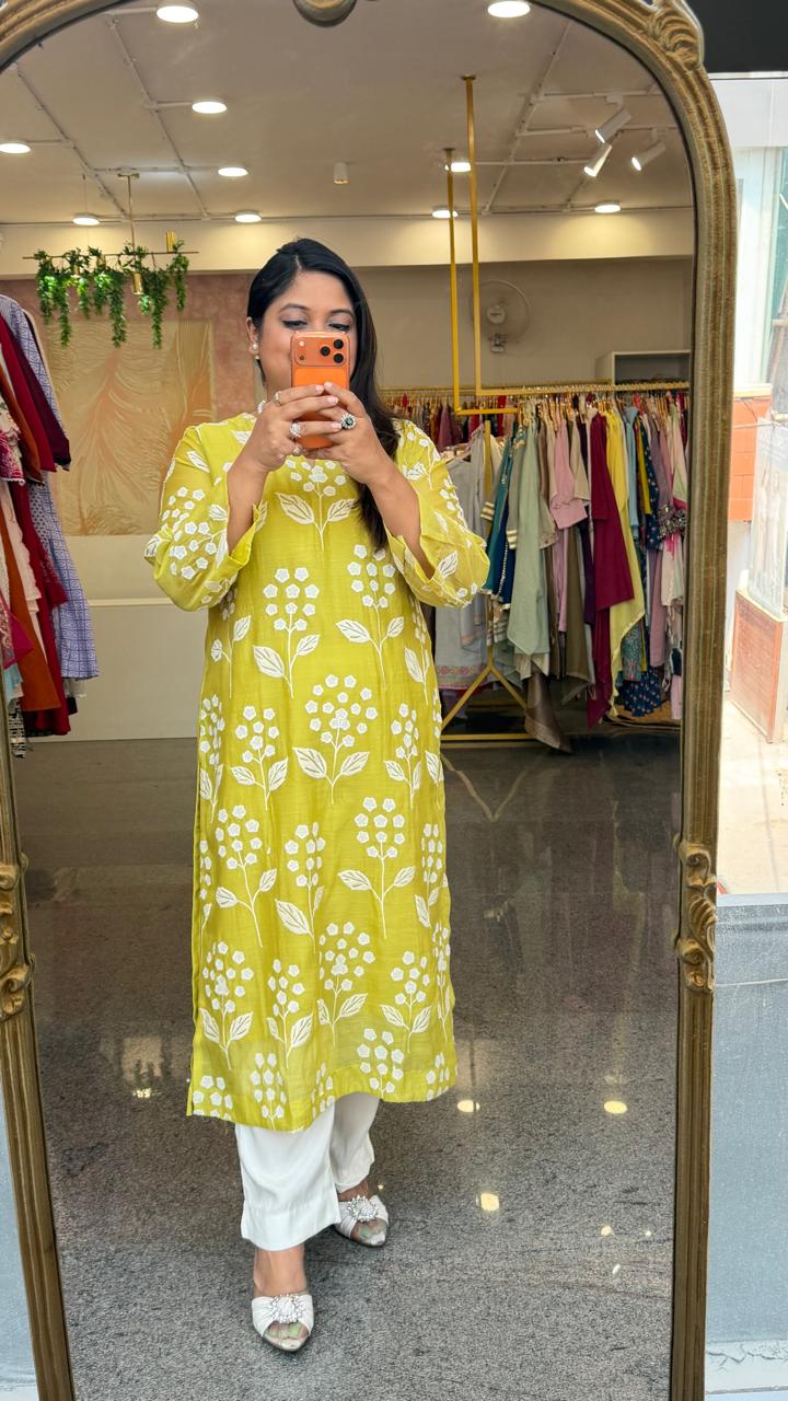 Restocked on high demand ! Celebrity design embroidered Mul chanderi kurta pant in lime green