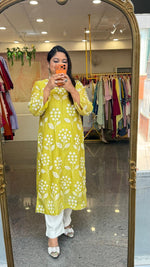 Restocked on high demand ! Celebrity design embroidered Mul chanderi kurta pant in lime green