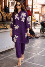 Pretty Mul Chanderi embroidery co ord in purple