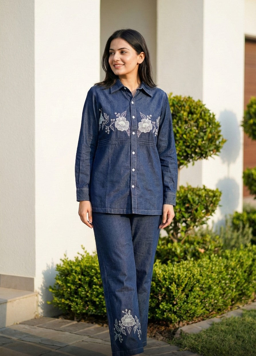 Denim cotton embroidered co ord set