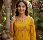 Fully weaved cotton real mirror kurta pant in yellow