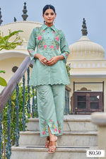 Applique work Mul chanderi in green