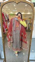 Pure cotton ajrakh suit set with katha detailing
