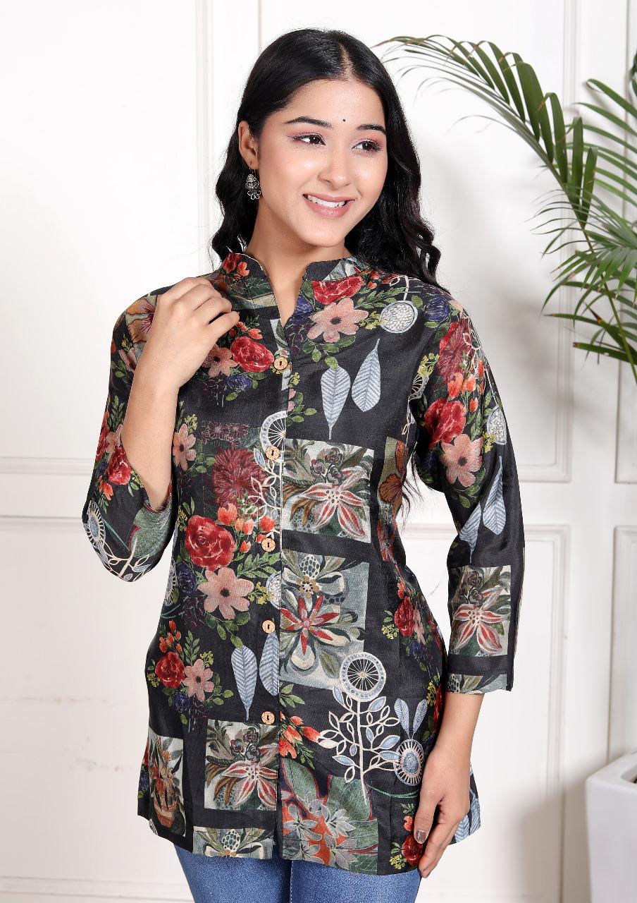 Russian silk floral top in black