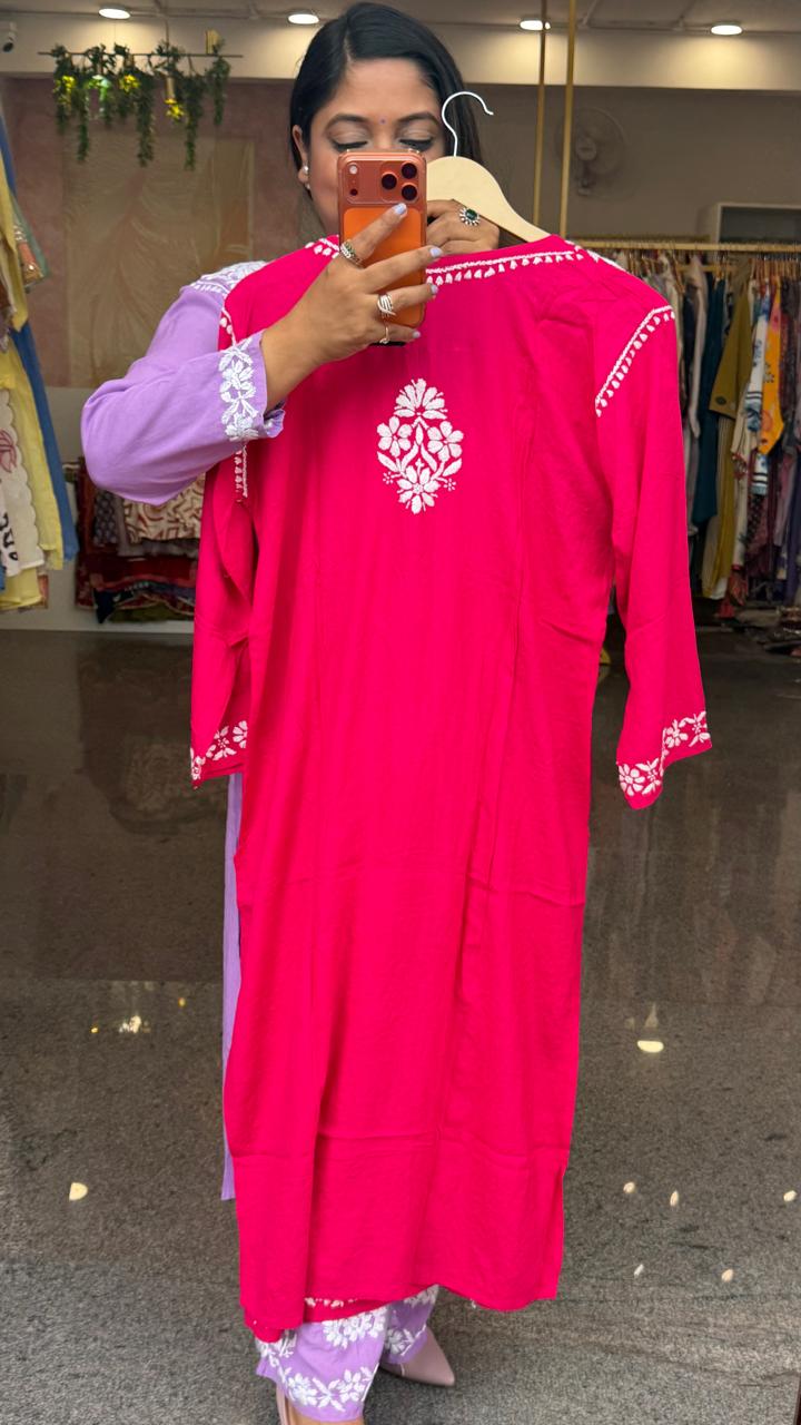 Super pretty slub cotton chikankari kurta pant in pink