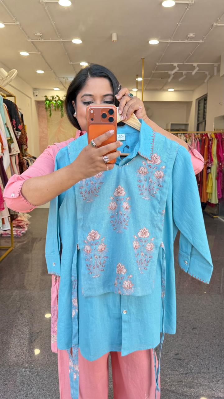 Pure cotton jute jacket smart blue co ord set