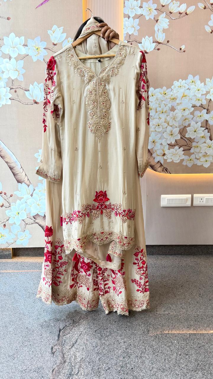 Premium chinon hand embroidered plazzo set