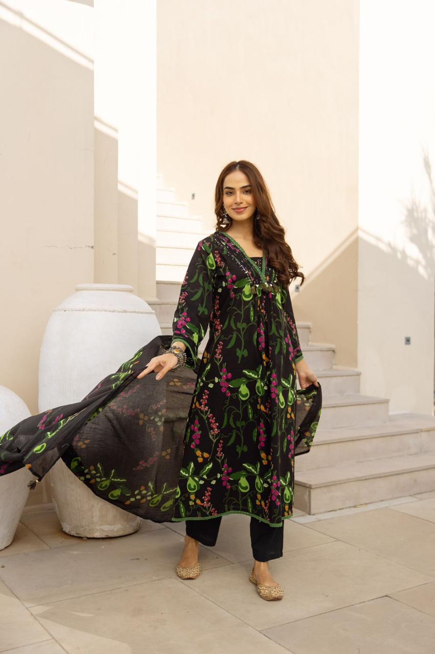 Pure cotton digital printed full suit set in black n green