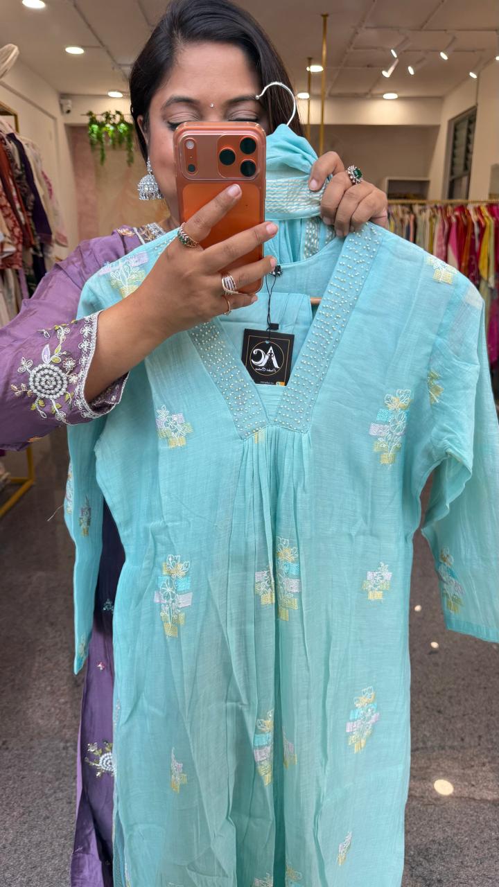 Premium Mul chanderi suit set in ice blue