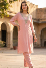 Premium chinon heavily embellished yoke kurta pant in pink