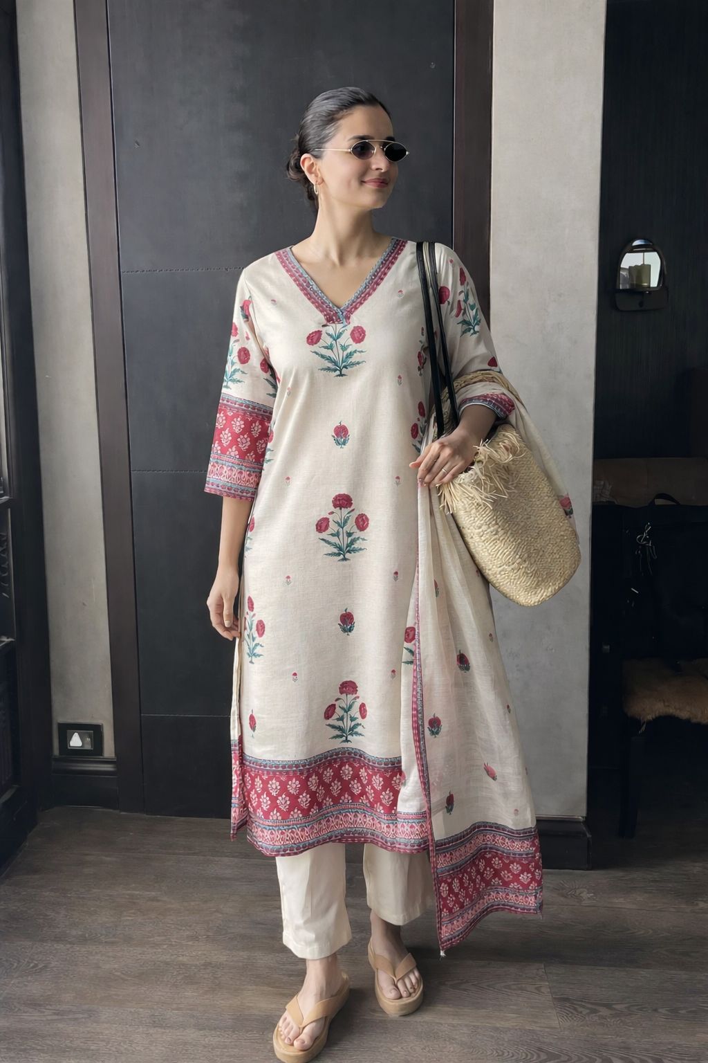 Premium linen Mughal inspired block printed suit set