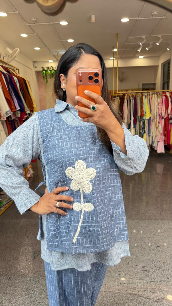 Smart organic cotton applique co ord set in blue