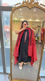 Black Cotton suit set paired with Ikkat dupatta in red