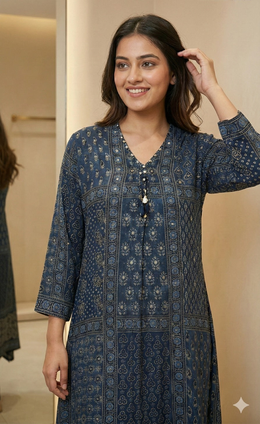 Premium crepe highlighted with sequins kurta pant in blue