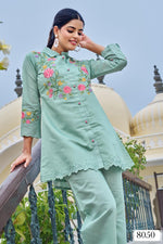 Applique work Mul chanderi in green