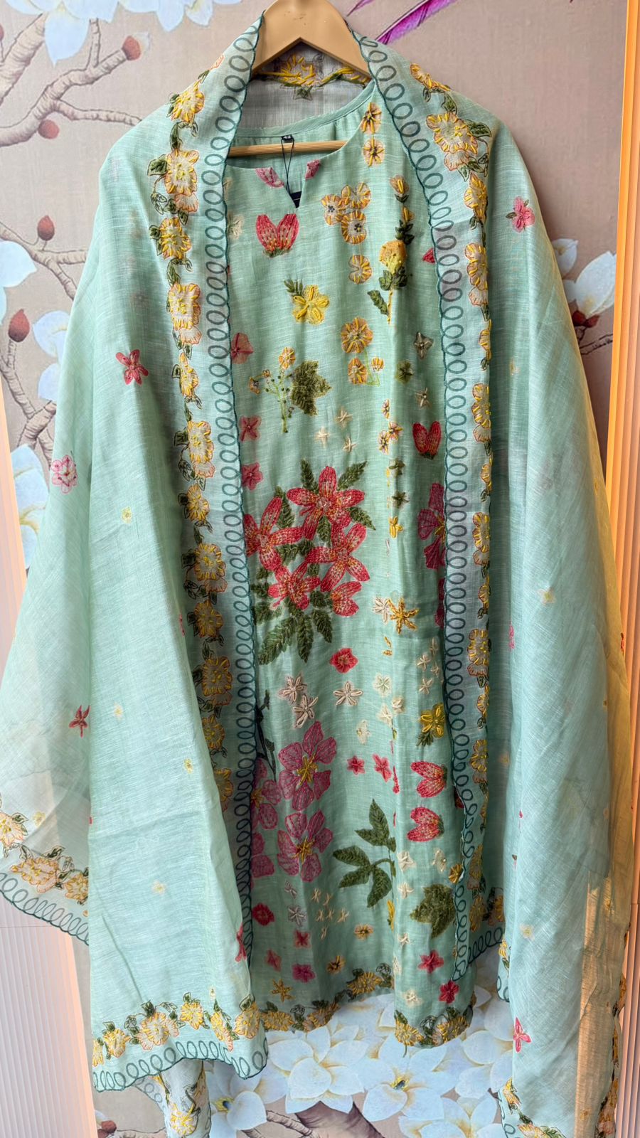 Linen chanderi githan work full suit set in blue