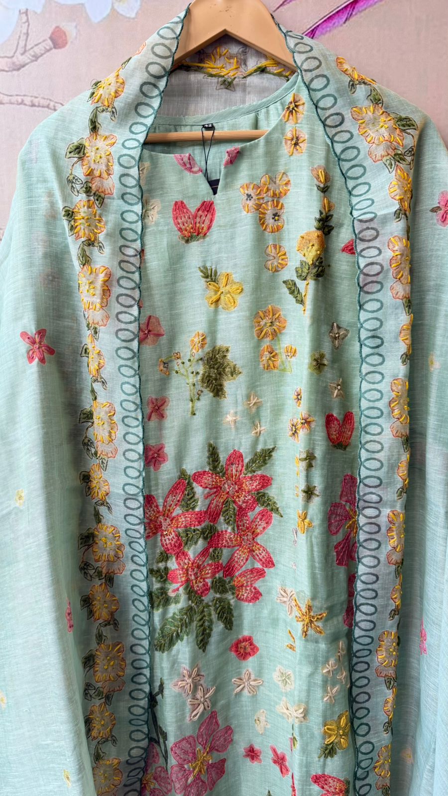 Linen chanderi githan work full suit set in blue