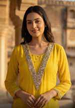 Premium chinon heavily embellished yoke kurta pant in yellow
