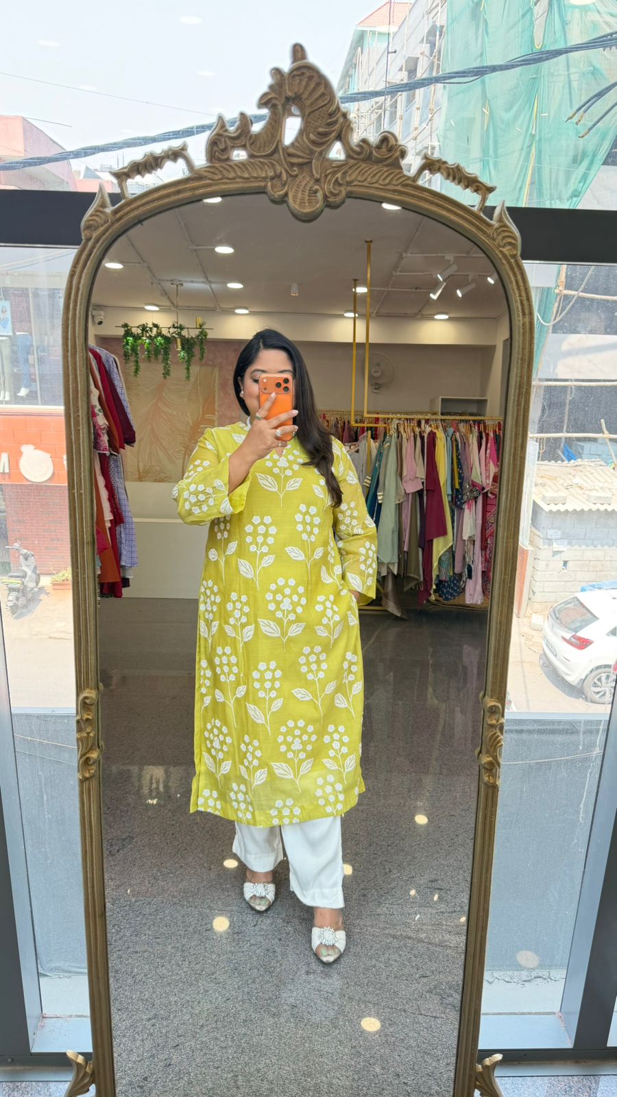 Restocked on high demand ! Celebrity design embroidered Mul chanderi kurta pant in lime green