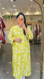 Restocked on high demand ! Celebrity design embroidered Mul chanderi kurta pant in lime green