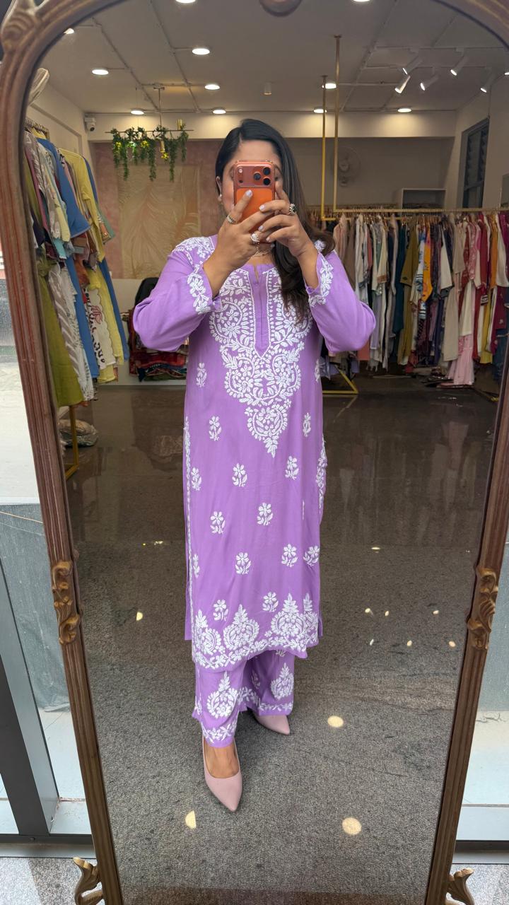 Super pretty slub cotton chikankari kurta pant in purple