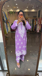 Super pretty slub cotton chikankari kurta pant in purple