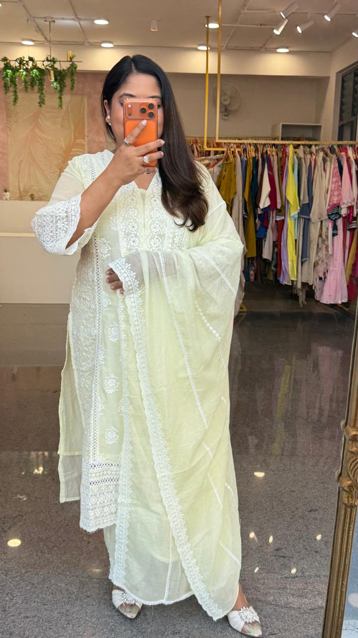 Mind blowing Mul cotton chikankari full suit set in mint yellow