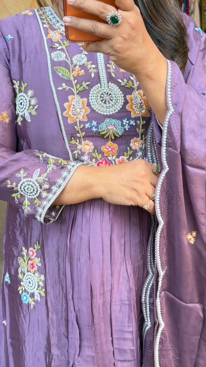 Premium crepe silk hand embroidered suit set in purple