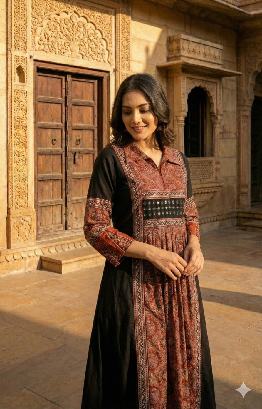 Pretty ajrakh cotton real mirror one piece in black