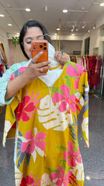 Pretty cotton githan work paired with applique dupatta and both sides pocket pant in yellow