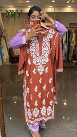Super pretty slub cotton chikankari kurta pant in brown