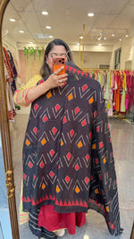 Red Cotton suit set paired with Ikkat dupatta in black