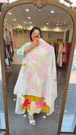 Pretty cotton githan work paired with applique dupatta and both sides pocket pant in yellow