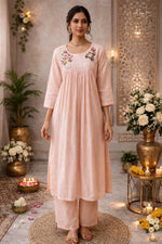 Pure Banarasi Mul chanderi pretty embroidery in nude pink