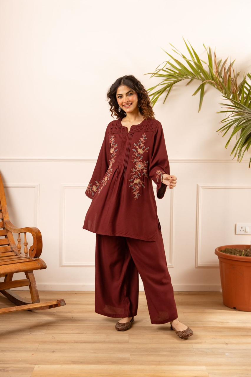 Heavy slub cotton embroidery co ord paired with palazzo maroon/wine