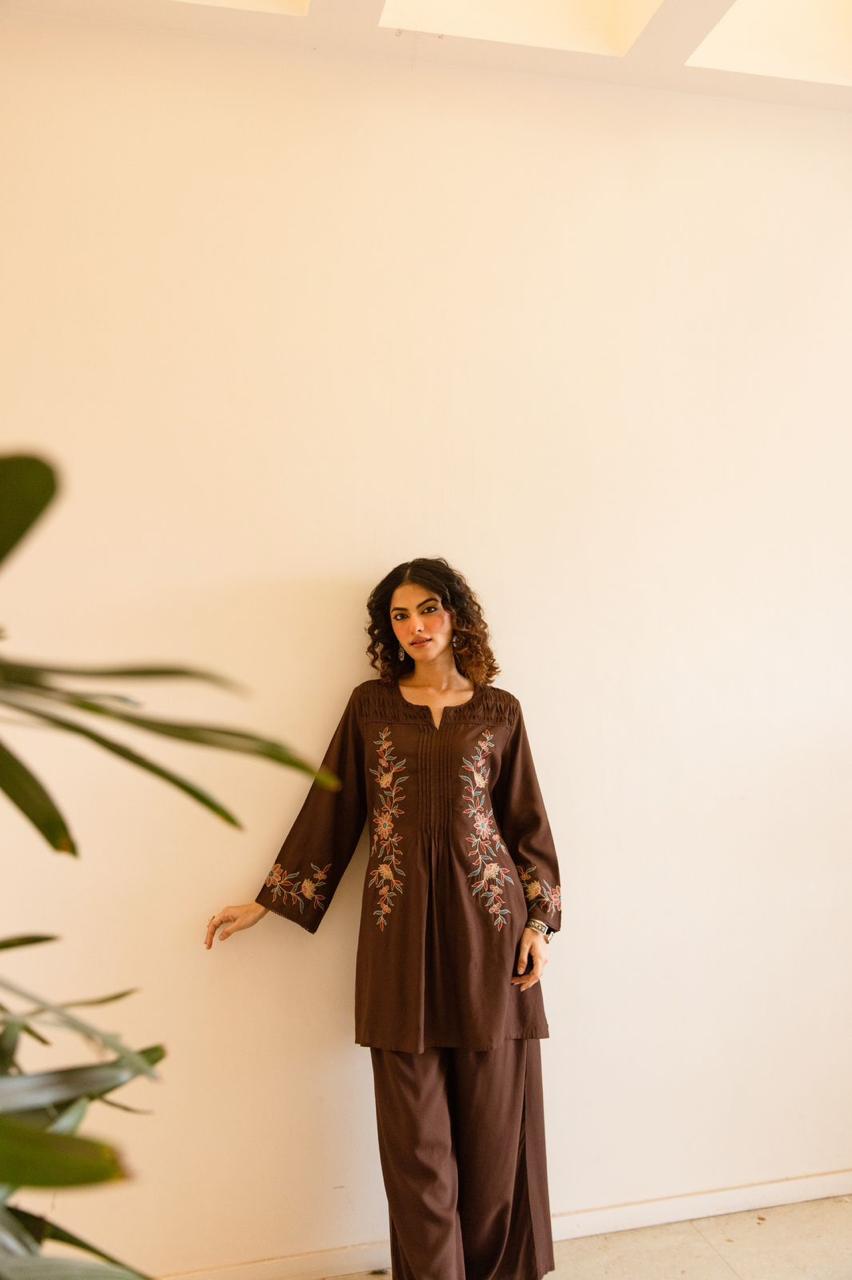 Heavy slub cotton embroidery brown co ord paired with palzzo pant