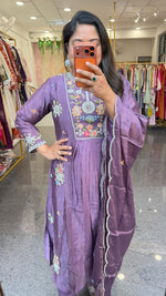 Premium crepe silk hand embroidered suit set in purple