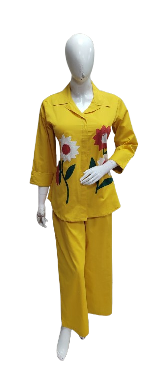 Applique work cotton co ord in yellow