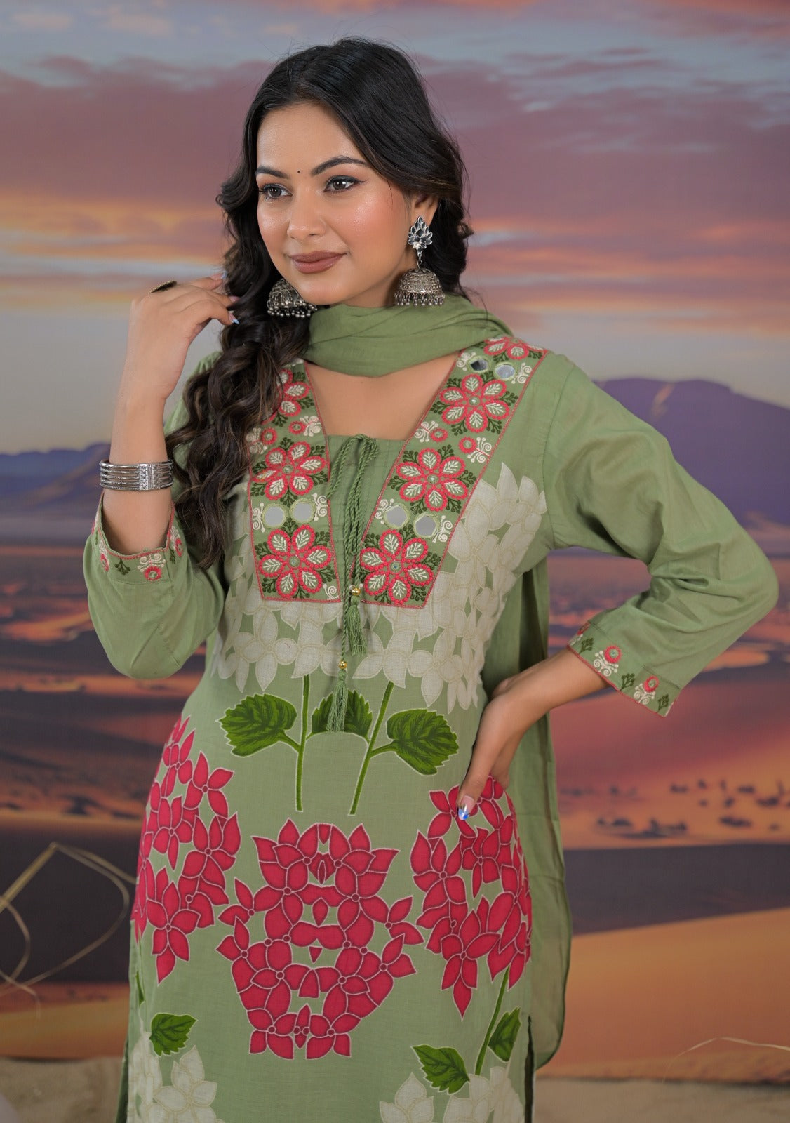 Mul cotton suit set in green