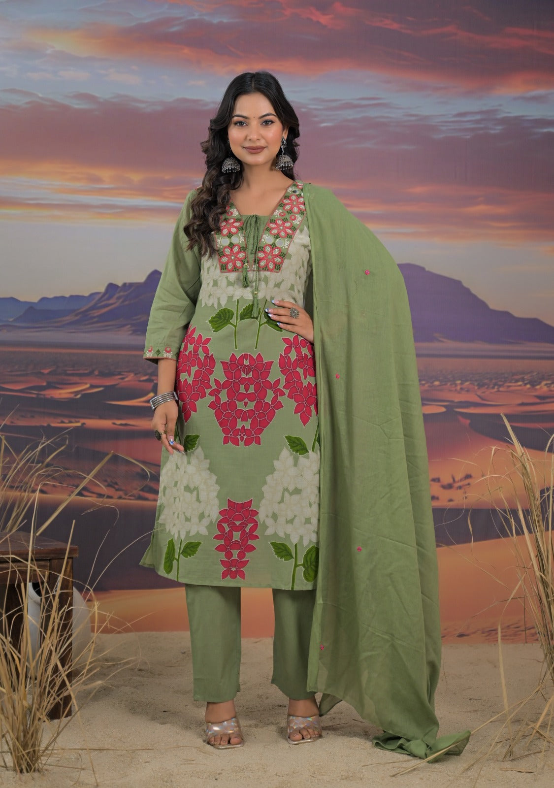 Mul cotton suit set in green