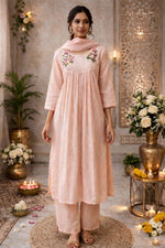 Pure Banarasi Mul chanderi pretty embroidery in nude pink