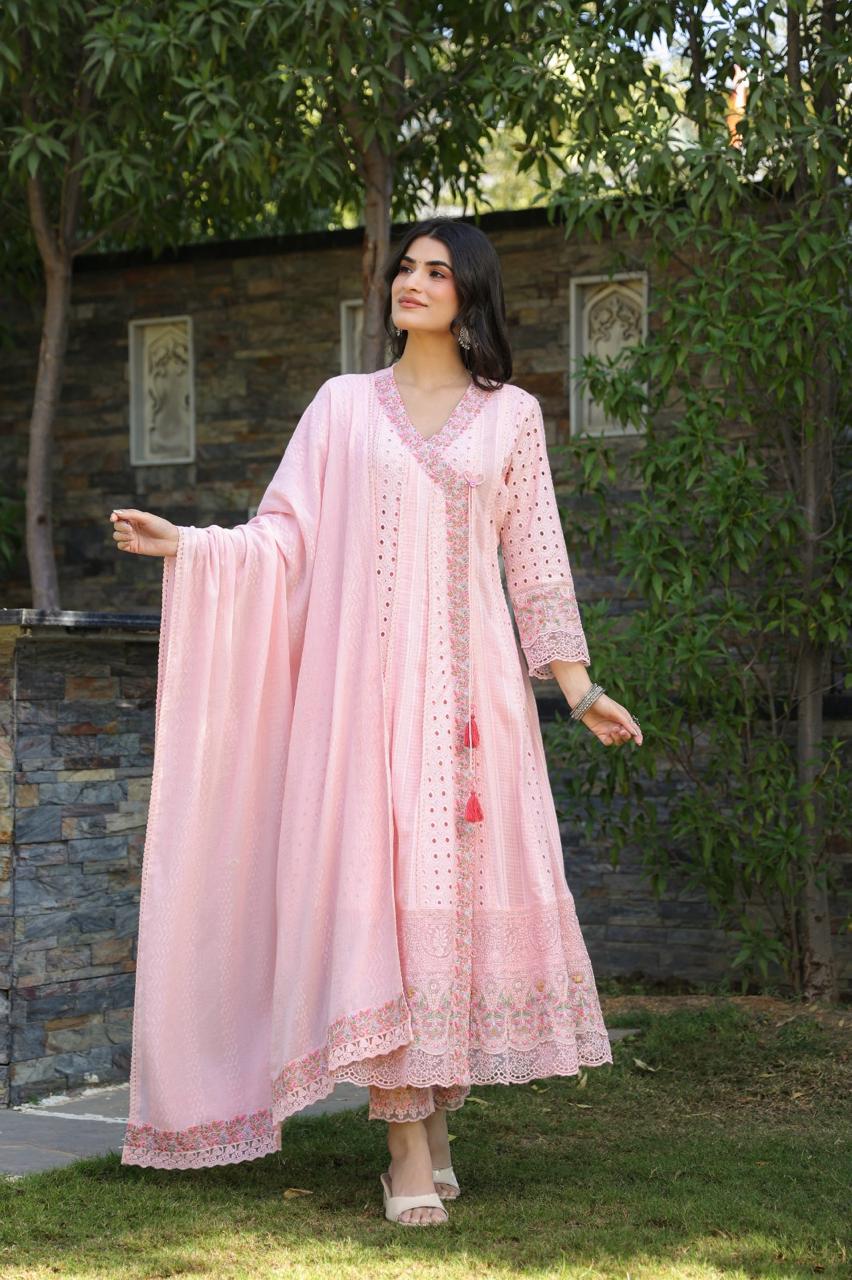 Super smart Hakuba shifli textured cotton Anarkali suit set in pink