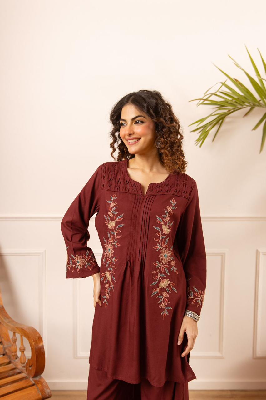 Heavy slub cotton embroidery co ord paired with palazzo maroon/wine