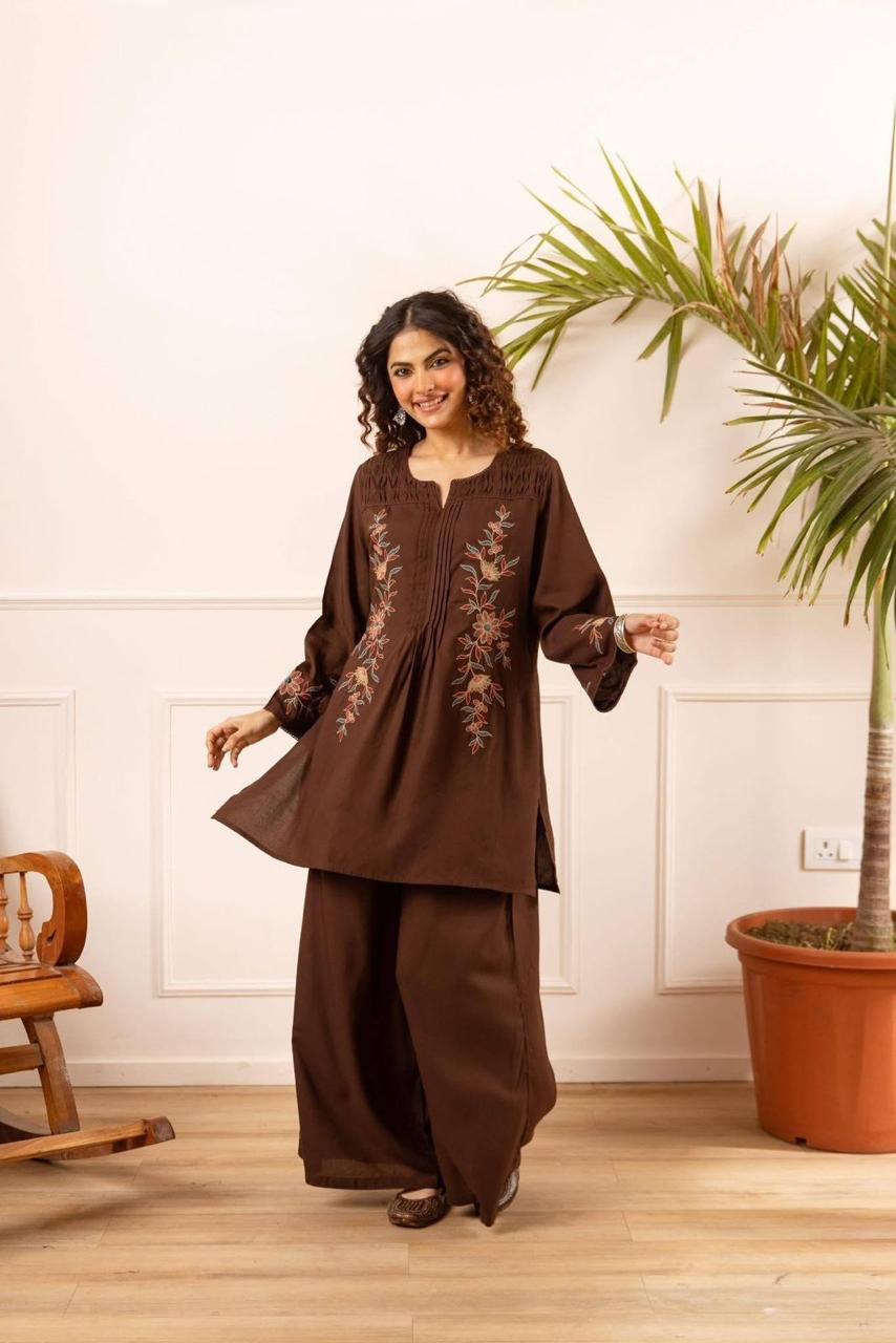 Heavy slub cotton embroidery brown co ord paired with palzzo pant